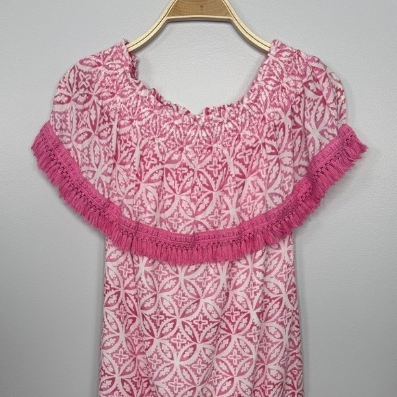 Hatley Olivia Dress Small Pink White Off Shoulder Organic Cotton Tassel Trim - Picture 6 of 15
